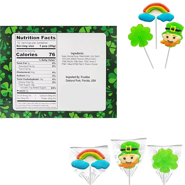 FRUIDLES ST. PATRICK’S DAY LOLLIPOPS, 24-PACK LEPRECHAUN, GREEN SHAMROCK, AND RAINBOW LOLLIPOP SUCKERS, PARTY FAVOR BOX, INDIVIDUALLY WRAPPED (24-PACK)