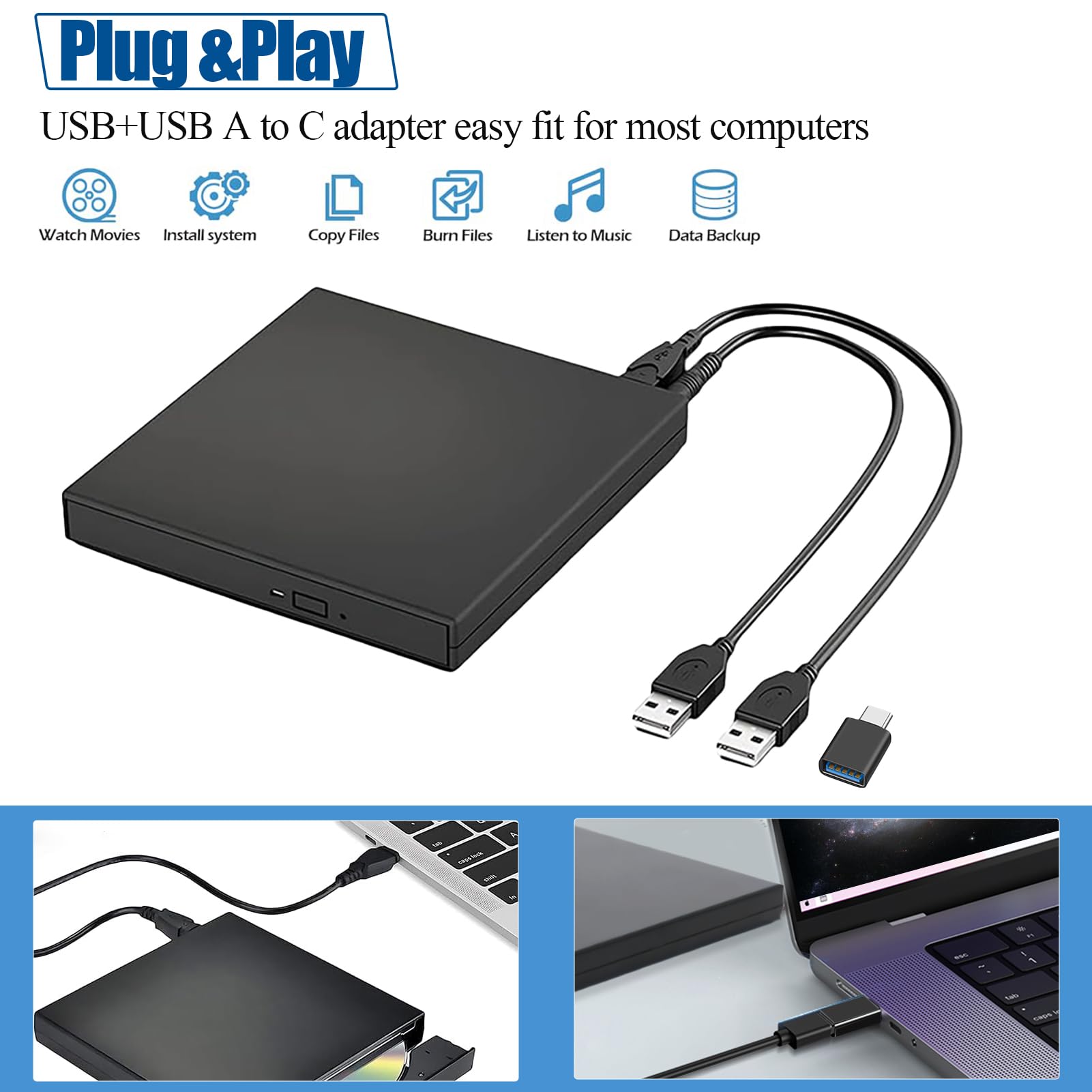 External CD/DVD Drive for Laptop PC,USB Silm Portable CD Burner +/-RW DVD ROM Player Reader Writer Optical Disc Drive for Laptop Desktop PC Windows 11/10/8/7 Linux OS Mac Macbook（with Type-C adapter）