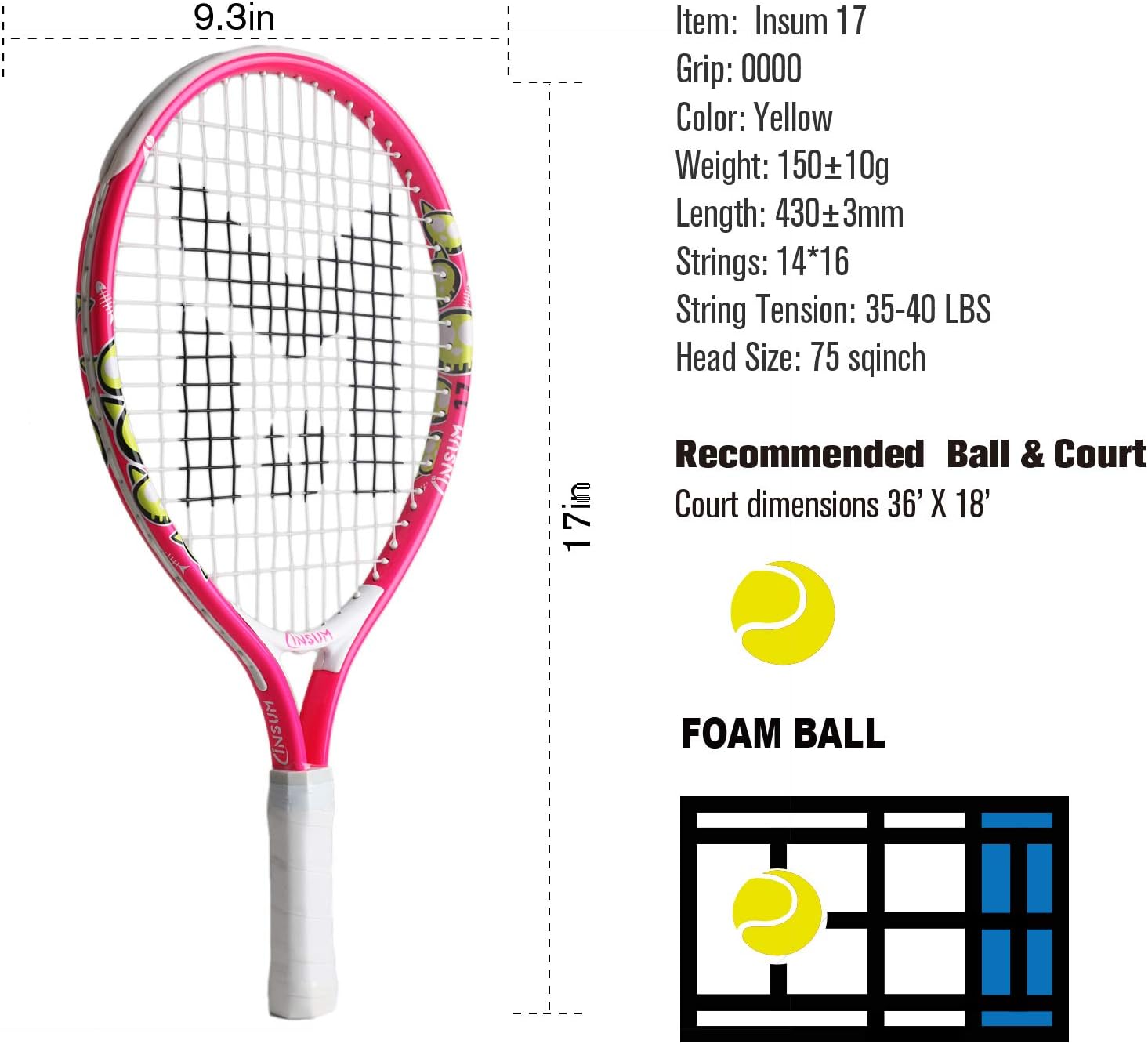 insum Kids Tennis Racket Starter Kit for Kids with Shoulder Strap Bag Mini Tennis Racket Toddler Tennis Raquet 17 Inch for Age 4 and Under : Sports & Outdoors