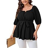 SHESTARR Women's Plus Size Square Neck Peplum Blouses Dressy Tops 3/4 Puff Sleeve Empire Waist Tie Ruffle Hem Babydoll Top