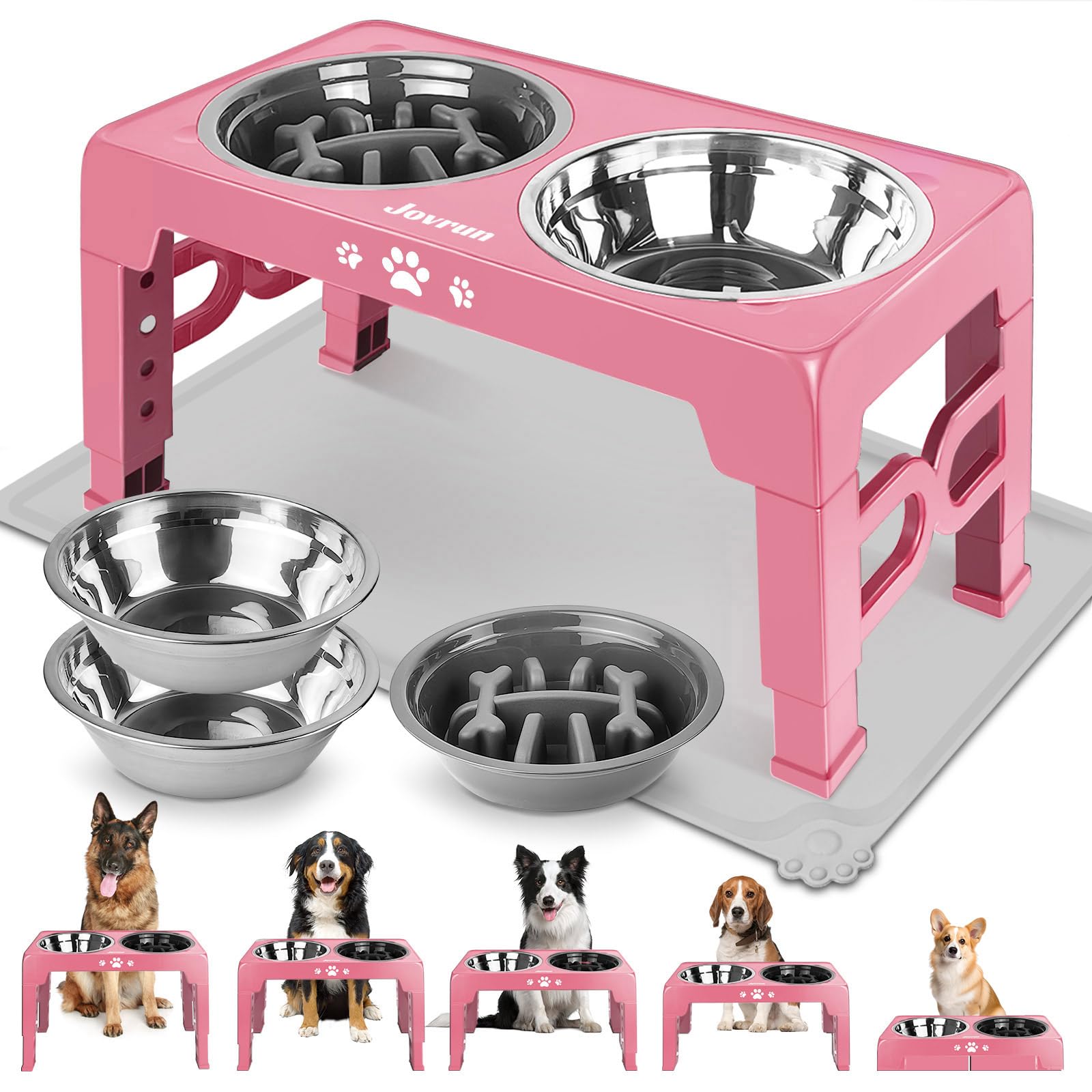 Photo 1 of Jovrun Elevated Dog Bowls, Dog Feeder with 2 Stainless Steel Dishes &1 Slow Feeder Bowl, 5 Heights Adjustable Raised Stand for Medium Large, Food Dishes with Non-Slip Feet