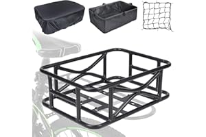 comincia Heavy Duty Bike Basket Rear with Liner & Cargo Net, Large Bicycle Basket for Rear Rack for Most Bikes & E-Bikes,Universal Fit Groceries, Pets,Outdoor Trips(17.3X 13 x 6 Inch)