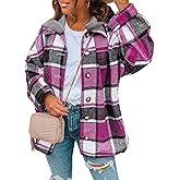 SHEWIN Womens Long Sleeve Button Down Plaid Shirts Flannel Hooded Shacket Jacket Hoodie Coats