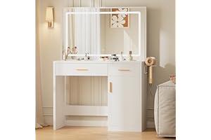 Sweetcrispy Vanity Desk with 35.4" LED Mirror and Lights, Makeup Vanity Table with Charging Station (2AC/USB/C), 2 Drawers & Large Cabinet, 3 Lighting Color Adjustable, Modern Dressing Table, White