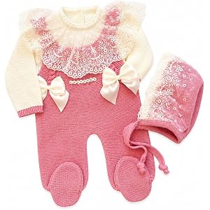Knit Newborn Girl Coming Home Outfit Spanish Style Old Pink Beige Pink Cotton
