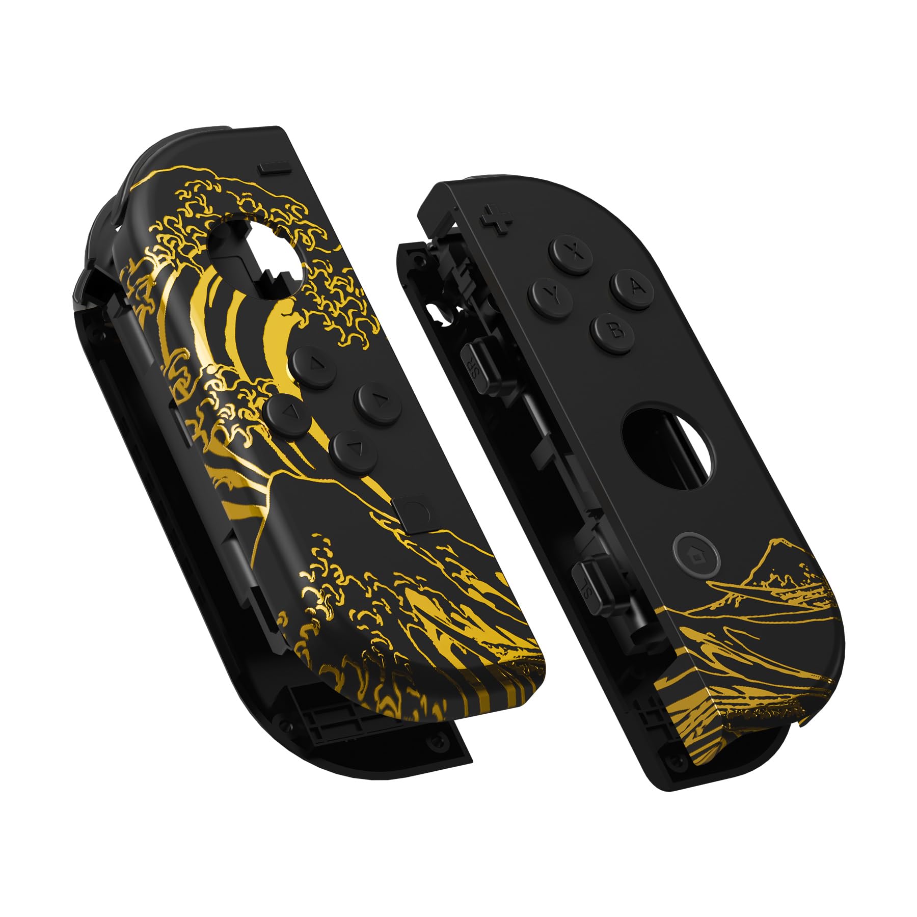 eXtremeRate DIY Replacement Shell Buttons for Nintendo Switch & OLED, The Great Golden Wave Off Kanagawa - Black Custom Housing with Full Set Button for Joycon Handheld Controller - Console Without
