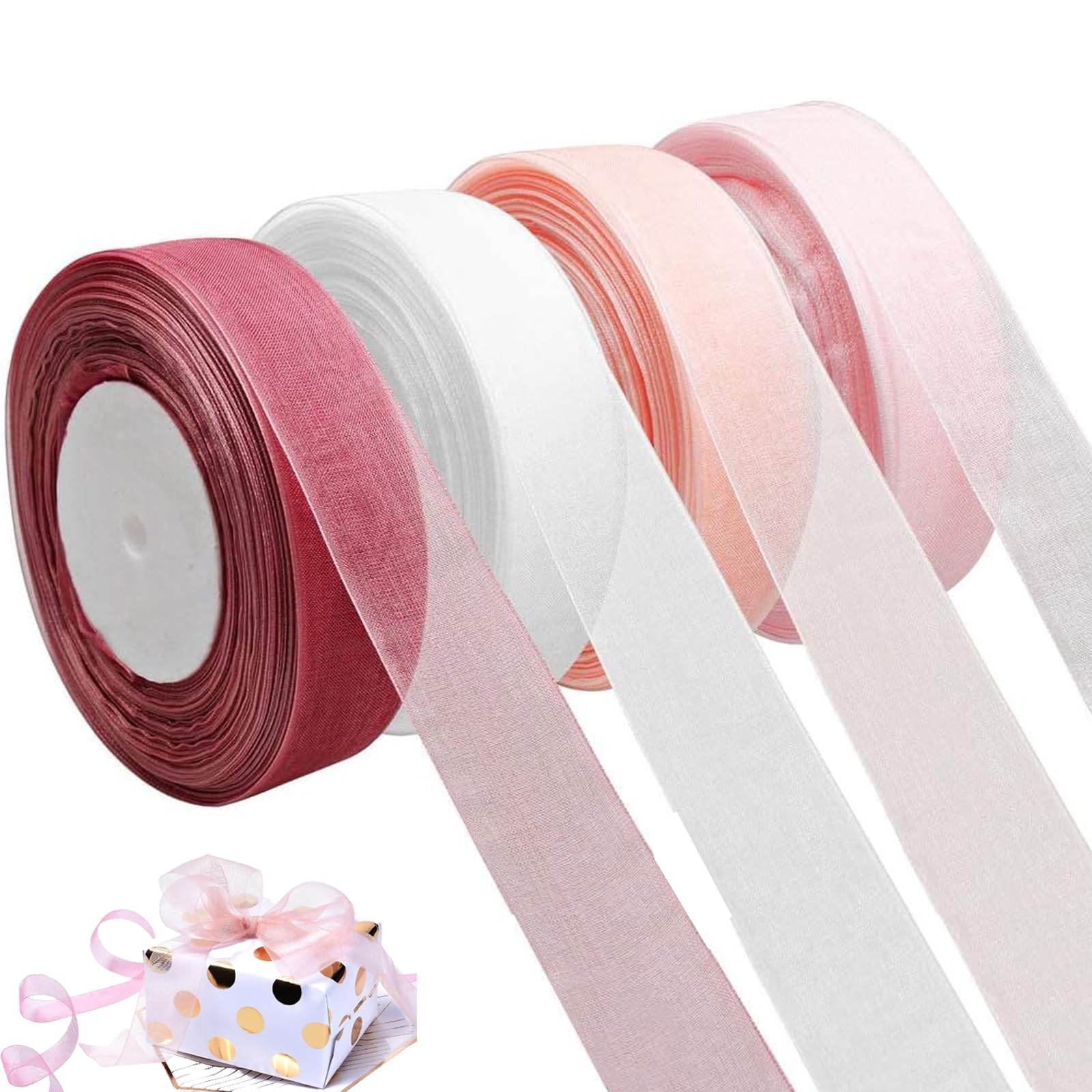 Mystiqut 4 Rolls Sheer Organza Ribbon, 2cm x 45m Each - Ideal for Gift Wrapping, DIY Crafts, Bouquets, Bows & Wedding Decorations