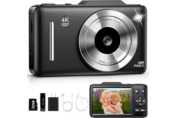 Digital Camera 4K for Kids-48MP Autofocus Vlogging Camera with 32GB Card, 16X Zoom, Anti-Shake, Compact Point and Shoot Camera for Teens Beginners, Birthday Gift Black