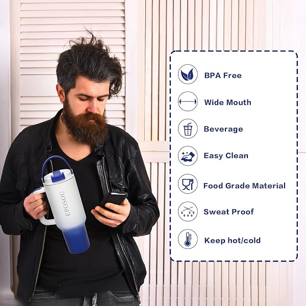 40 OZ TUMBLER WITH HANDLE AND STRAW,LEAK PROOF WATER BOTTLE WITH FLIP LID AND TEA STRAINER,BPA-FREE,COMPATIBLE WITH CAR CUP HOLDERS,INSULATED STAINLESS STEEL CUP,GIFTS FOR WOMEN MEN HIM HER,(BLUE)