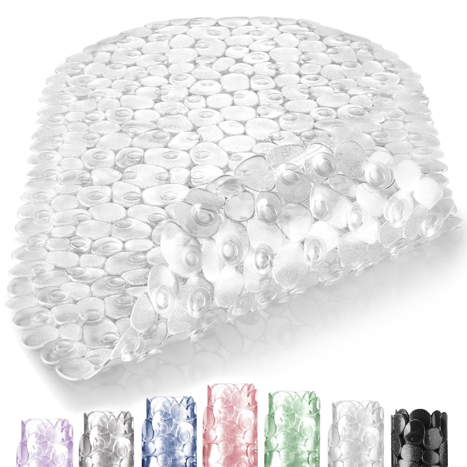 DOPROP Clear Pebbles Non Slip Shower Mats for Inside Shower Anti Mould Bath Mats for Bathroom Accessory with Suction Cups Holes Washable Safety Oval Shower Mats Pads Trays for Elderly Child,69x36CM