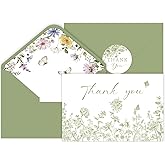 SMUAENSS 48 Pack Sage Green Floral Thank You Cards With Envelopes Stickers, Wedding Floral Thank You Card Greenery Bridal Shower Birthday Supplies