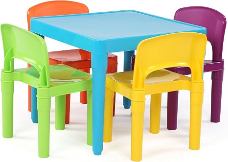 Amazon Com Humble Crew Kids Plastic 4 Set Blue Aqua Table Vibrant Chairs Furniture Decor