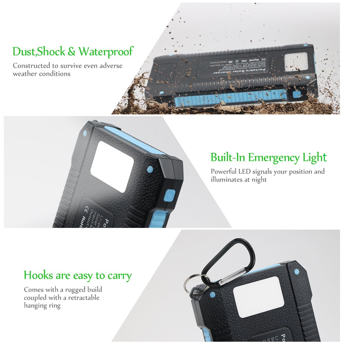 Batterie Externe X-DNENG 22000 mAh Chargeur Solaire Power Bank Portable avec Entrées Micro-USB et Type-C, Imperméable Batterie Chargeur avec 3 Sorties Haute Vitesse de Charge, Powerbank avec Lampe Torche pour iPhone Téléphones Android Galax