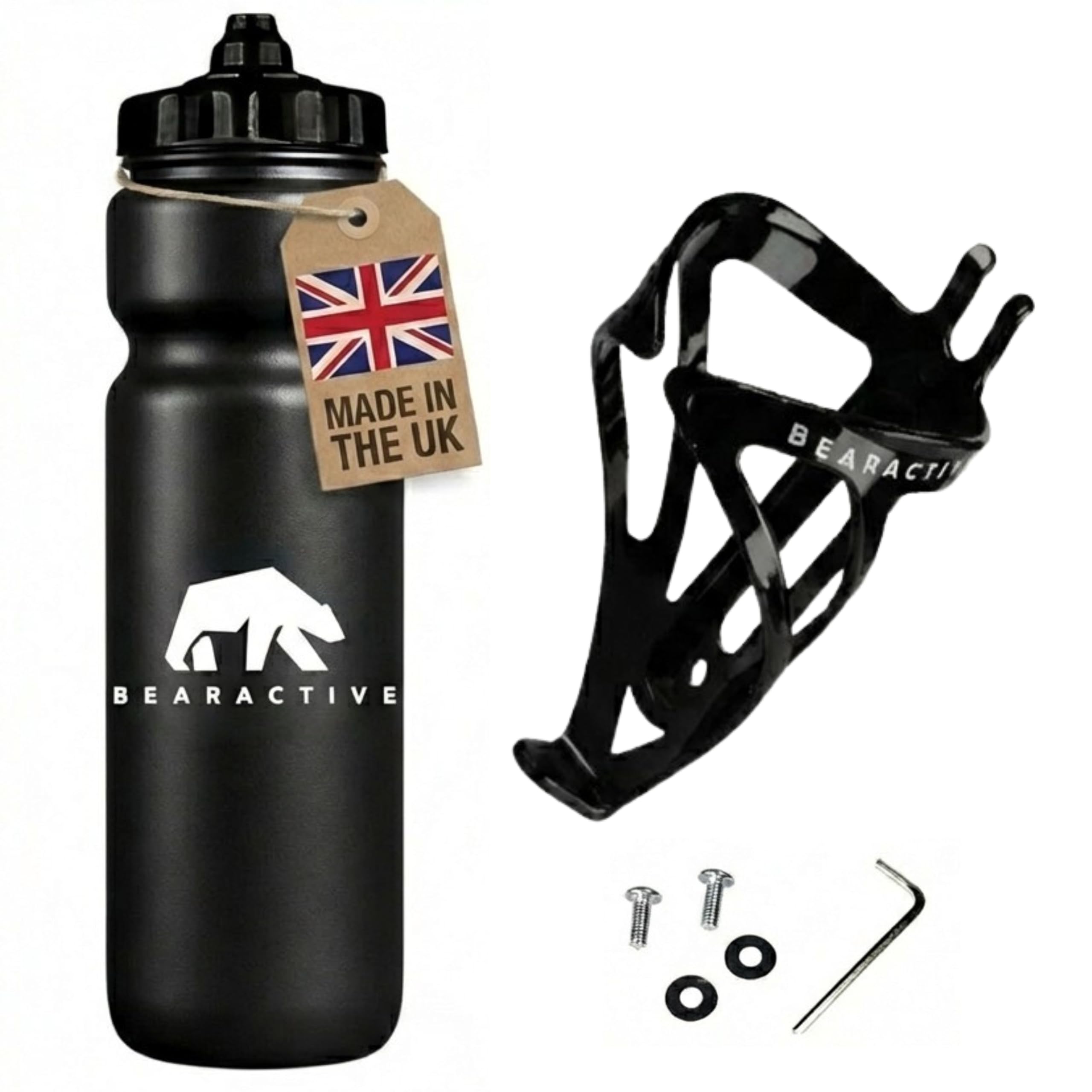 Bearactive Bike Bottle Holder with Bike Bottle 750ml - BPA Free Leak Proof Bicycle Squeeze Bottle with Valve Lid – Lightweight Plastic Bottle Cages with Screws for Road & Mountain Bikes Black 1 Pack