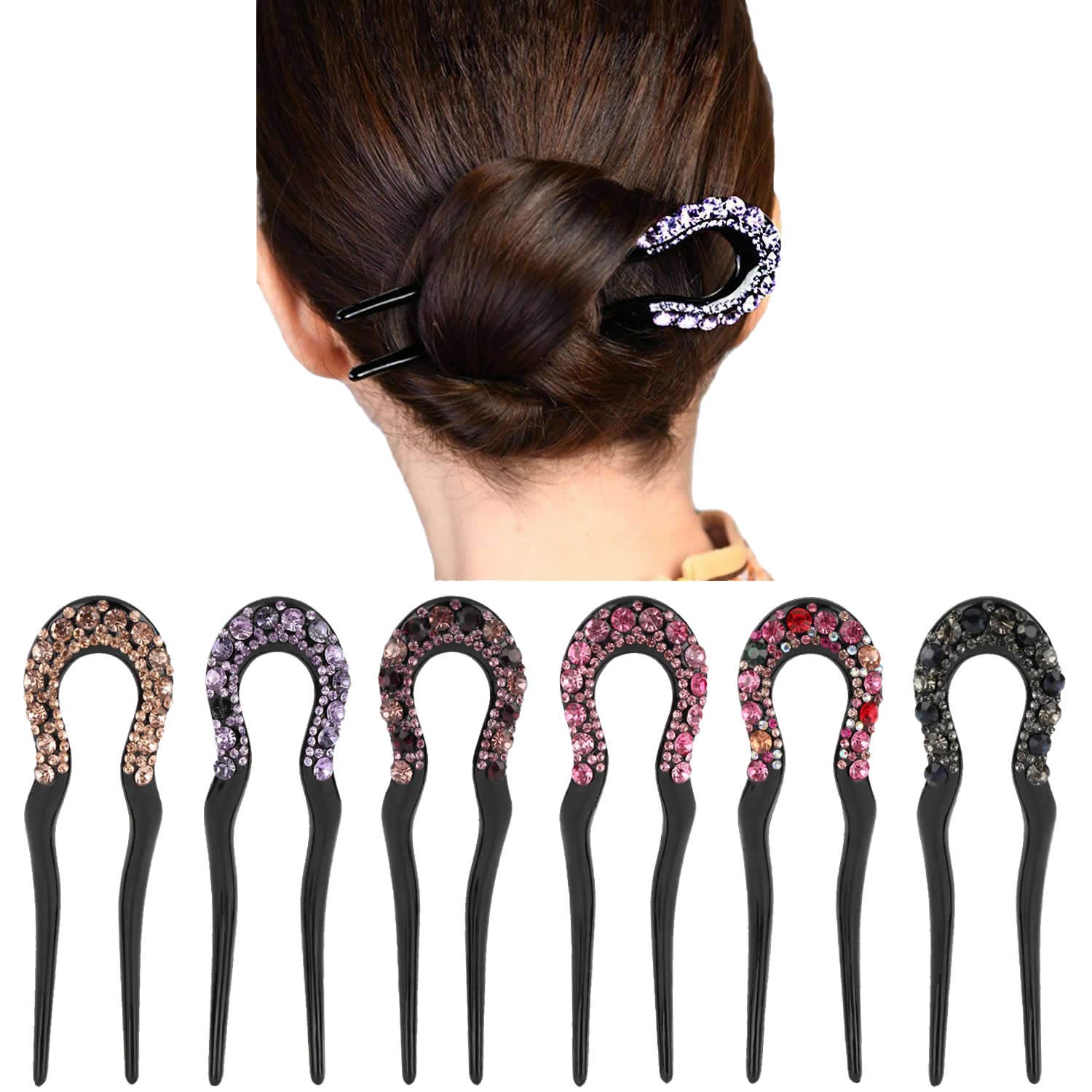 6 Pack Black Sparkly Bling Jeweled Rhinestone Plastic U Shape Hair Fork Pins Chopsticks Hairpins Picks Carved Hollow Long Hair Sticks Hairclips Hair Bun Chignon Braids Spiral Twist Maker Accessories