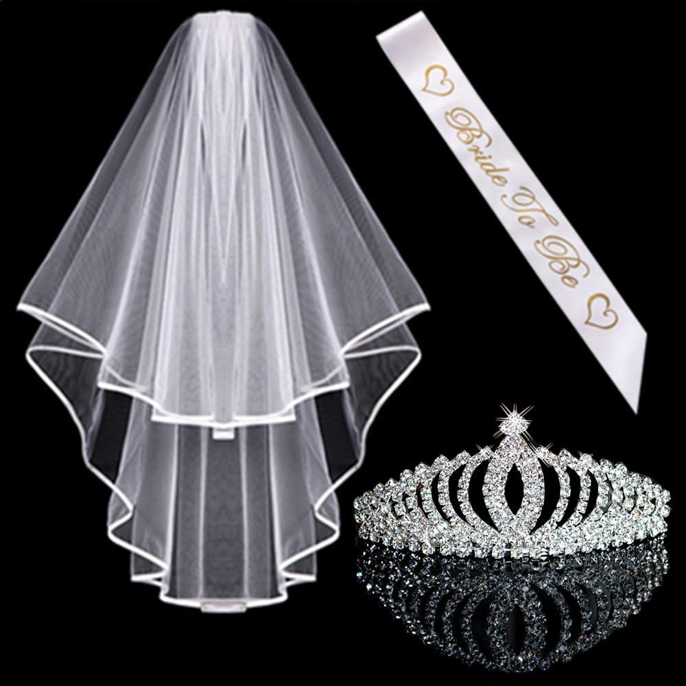Awtlfe Bride To Be Accessory KitWedding Crown Crystal Tiara Wedding Veil, Gold,White,Silver