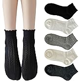 zrylibya Women Cute Hollow Out Crochet Mesh Ankle Socks Scalloped Pointelle Solid Breathable Casual Socks 5 Pairs