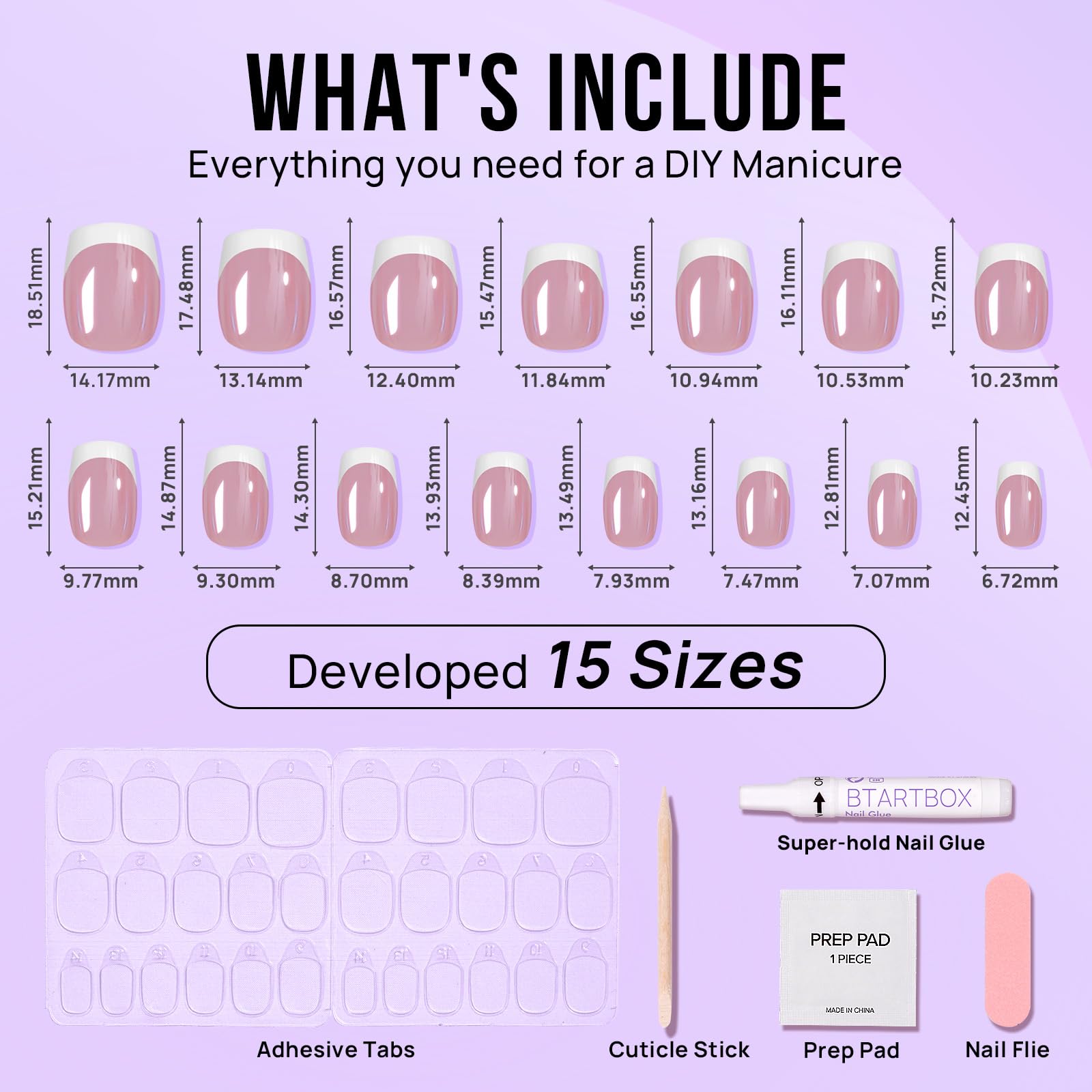 BTArtbox Press on Nails Short - White French Tip Press On Nails Square, Chrome Glazed Glue On Nails, Stick On Nails in 15 Sizes - 30 Soft Gel Fake Nail Kit, Be Elegant - Image 5