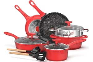 imarku Pots and Pans Set,11 Pieces Nonstick Kitchen Cookware Set with steamer,Induction Kitchen Cookware Easy to Clean,w/Frying Pans & Saucepans(PFOS, PFOA Free),RED