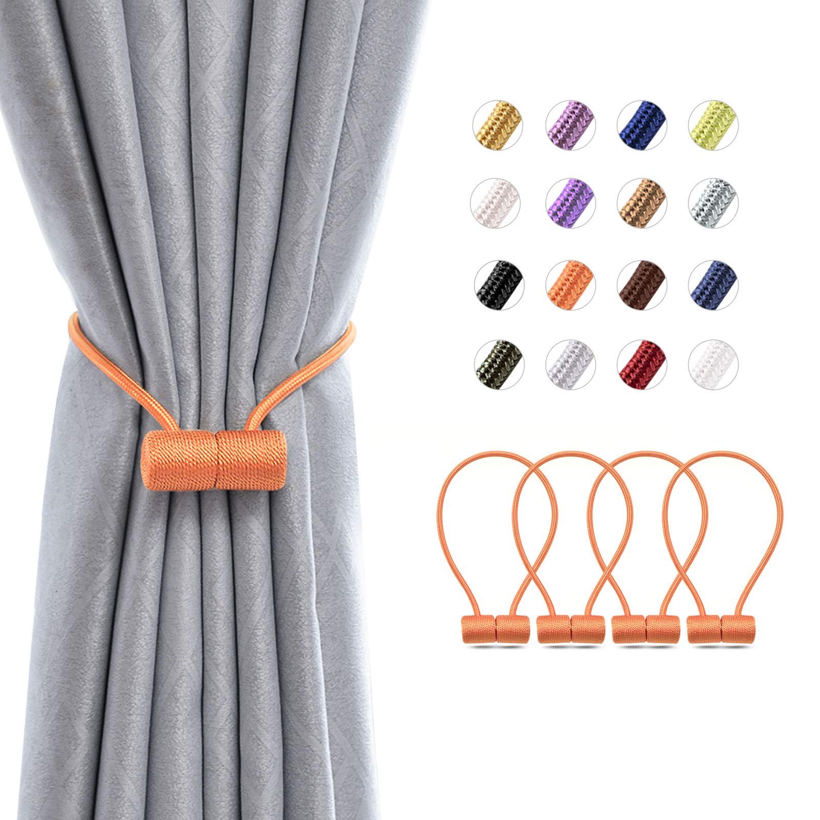 Pretty Jolly 4 Pack Magnetic Curtain Tiebacks 16 Inch Modern Handmade Weave Rope Curtain Holdbacks Convenient Decorative Curtain Drape Tie Backs for Home and Office Window Drapery (Orange)