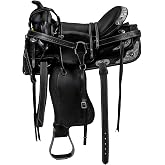 Barrel Brown Wolfstone Western Horse Saddle Set, Black Leather Barrel Saddle with Headstall, Breast Collar &amp; Reins, Complete Tack Package for Trail Riding, Racing, Ranch &amp; Cowboy Equestrian