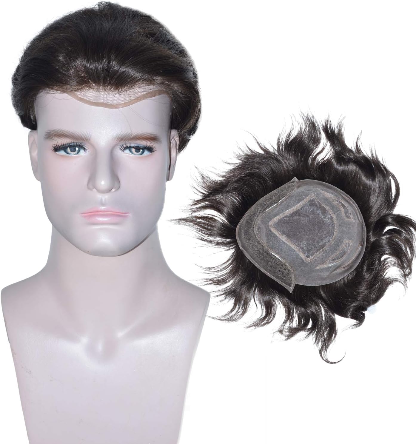 Human Hair Toupee for Men Mono Top with PU Skin around and Lace Front, LLWear 8x10 Inch Mens Hair Piece Replacement System Natural Wave Dark Brown(#2)