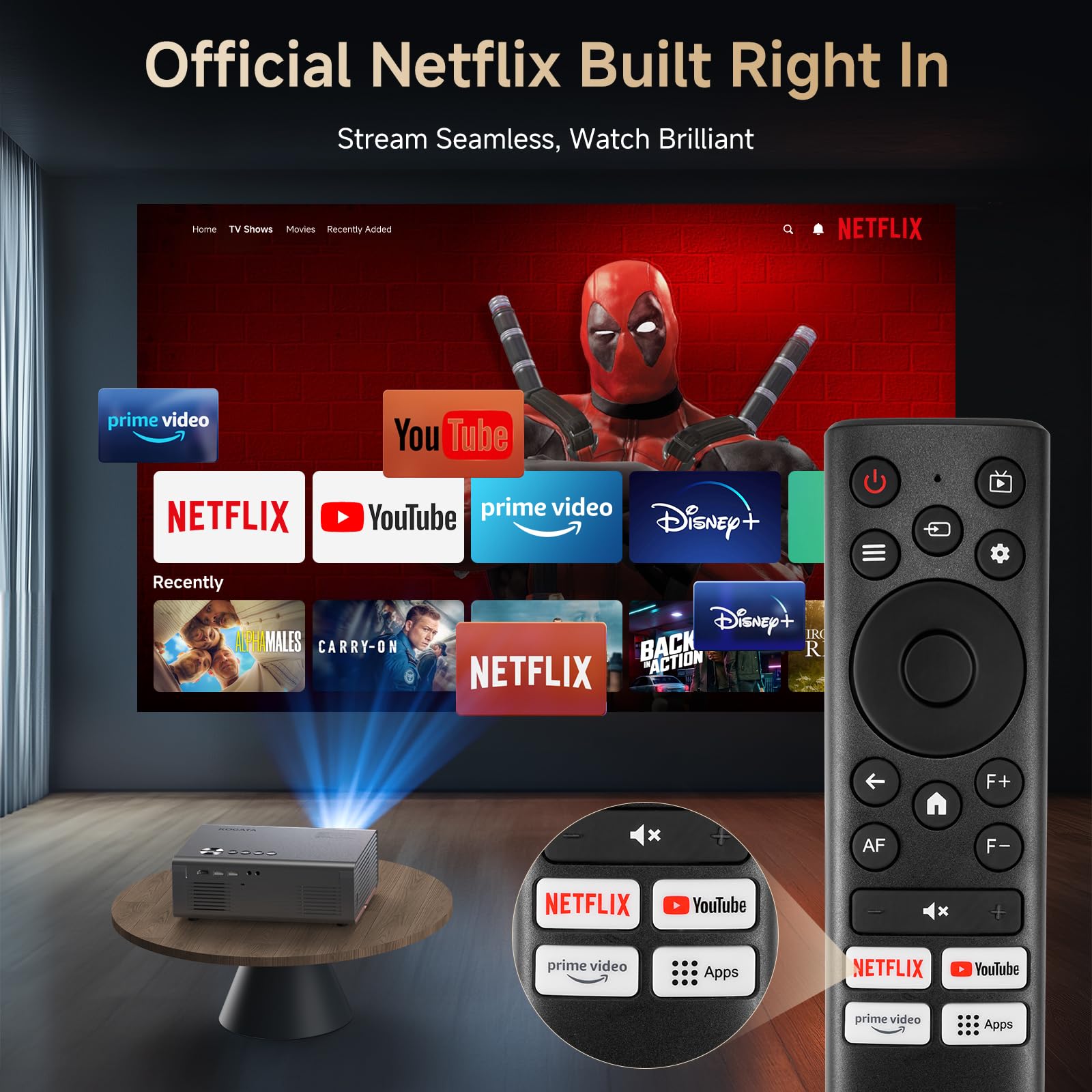 4K Projector with Built-in Apps, 1200ANSI Auto Focus&6D Keystone Dolby Audio Kogata Smart Projector with WiFi 6 Bluetooth Outdoor Movie Proyector for Home Theater HDR10+ UPGRADE