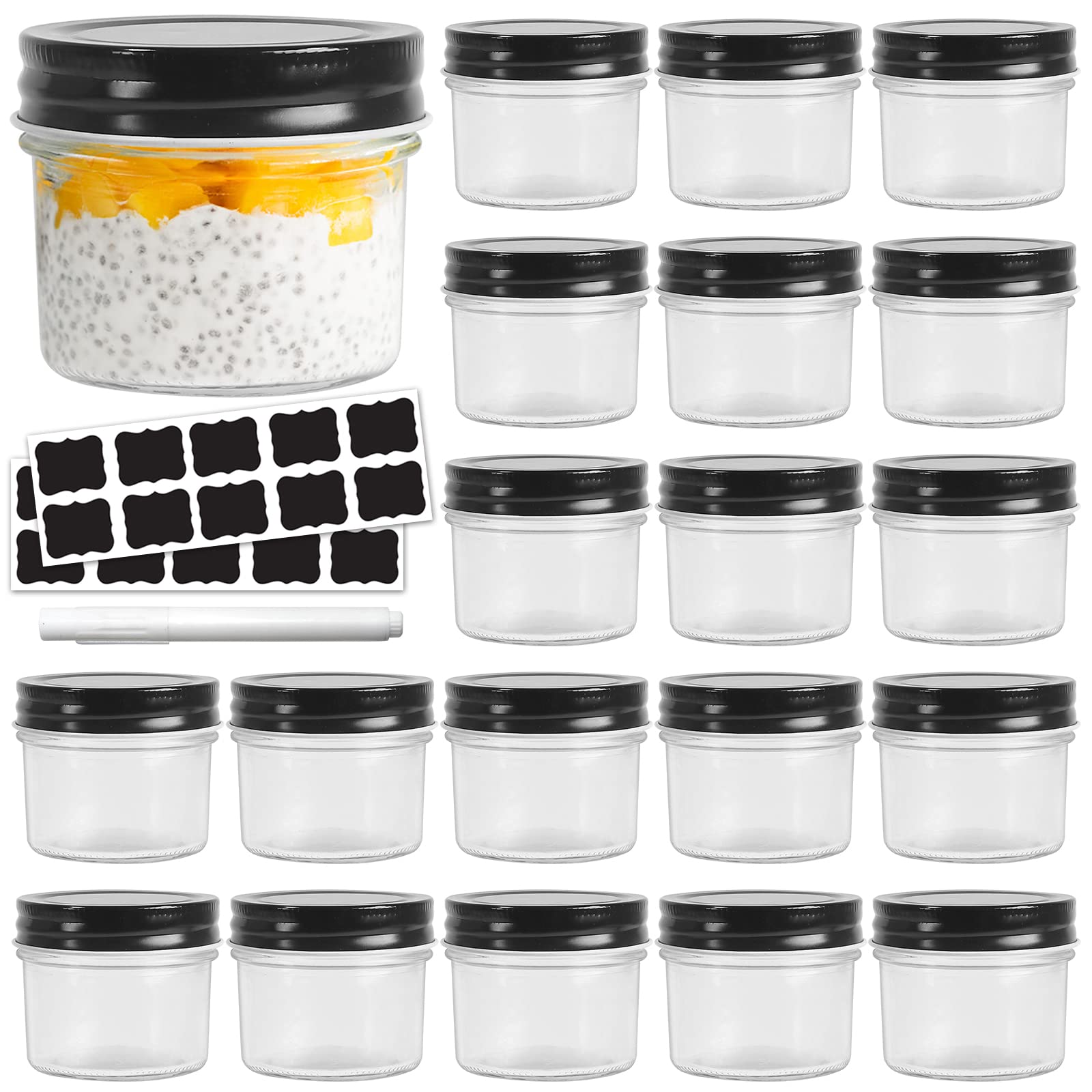 Yishik 4 oz Mason Jars with Black Lids,20 Pack Glass Canning Jars 100ml Small Kitchen Storage Jar for Jams,Fruits,Jellies,Baby Foods or Handmade desserts
