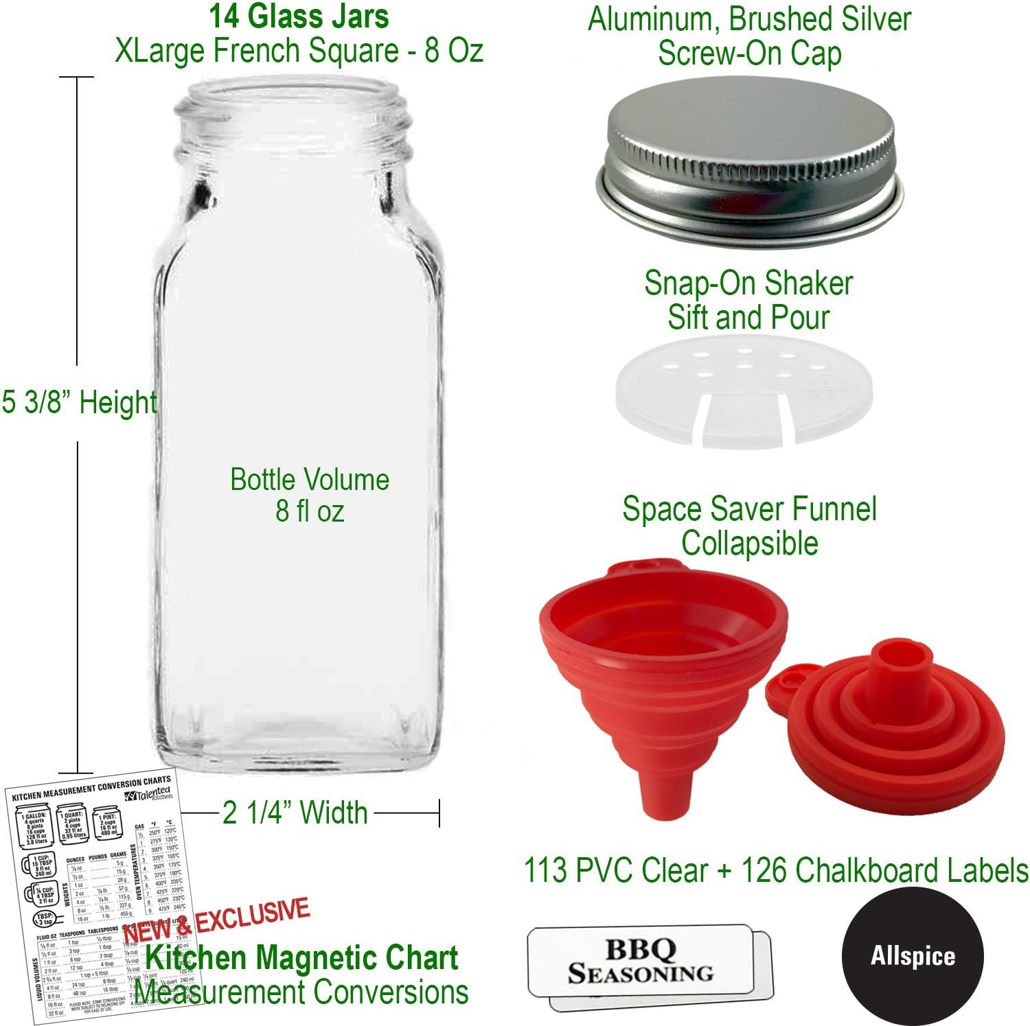 8 XLarge 8oz Glass Spice Jars w/2 Types of Printed Spice Labels. Premium Commercial Grade Set: Empty Square Jar, Airtight Cap Chalk & Clear Stickers Pour Sift Shaker by Talented Kitchen (8oz JARS): Home Improvement