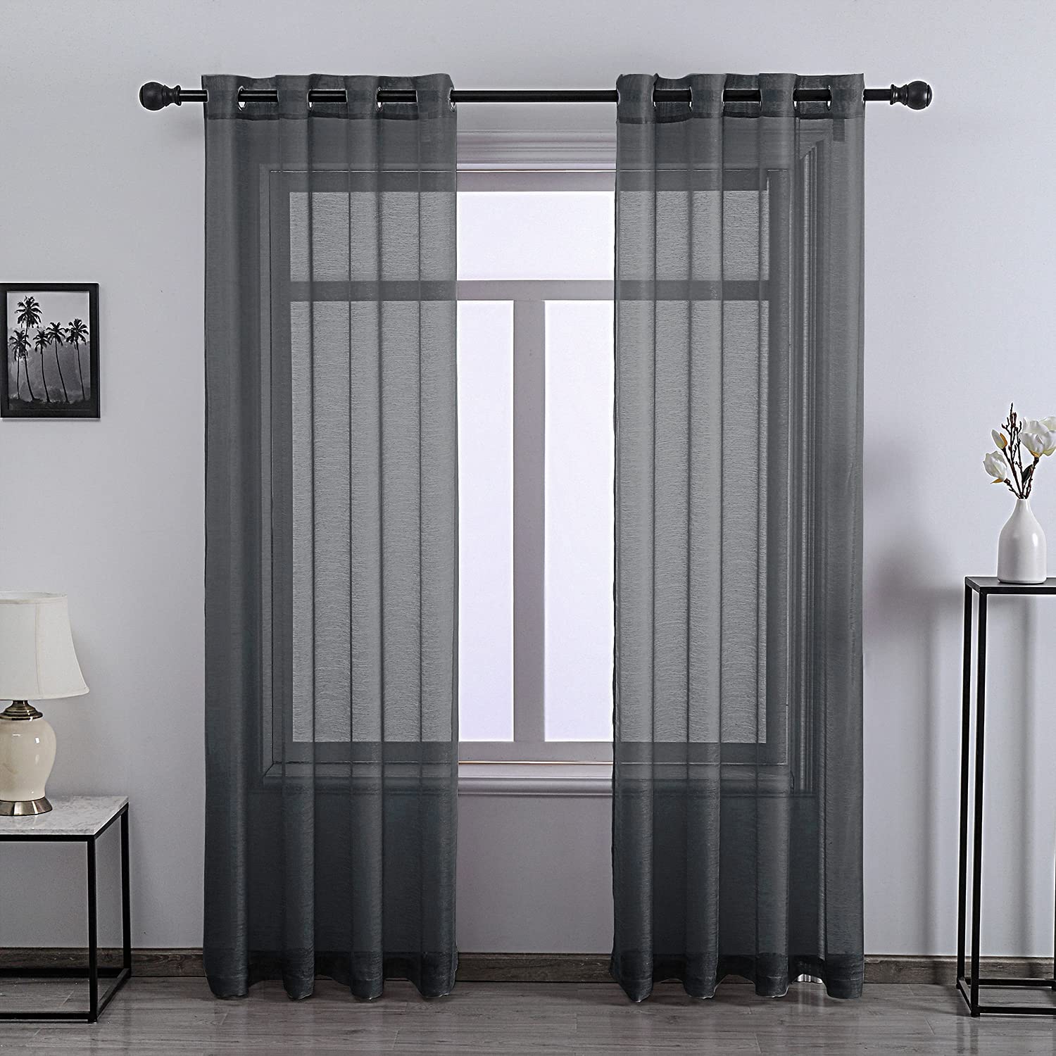DONREN 108 Inch Extra Length Sheer Curtains for Bedroom - Grommet Top Solid Luxury Soft Gauze Voile Window Panels for Patio (52 W x 108 L,Dark Gray,2 Pieces)
