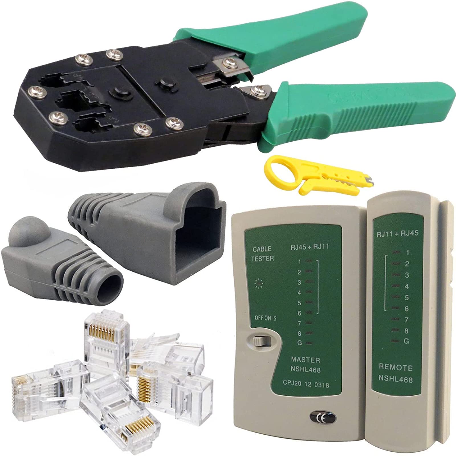 Splinktech RJ45 Cat5e Cat6 Cat6e Cat7 RJ11 RJ12 Crimper Wire Stripper Cutter, Cable Tester Lead Testing ADSL DSL Connection, 10 Pcs Connectors End, 10x Crimp Boots LAN Tool Ethernet Network Kit