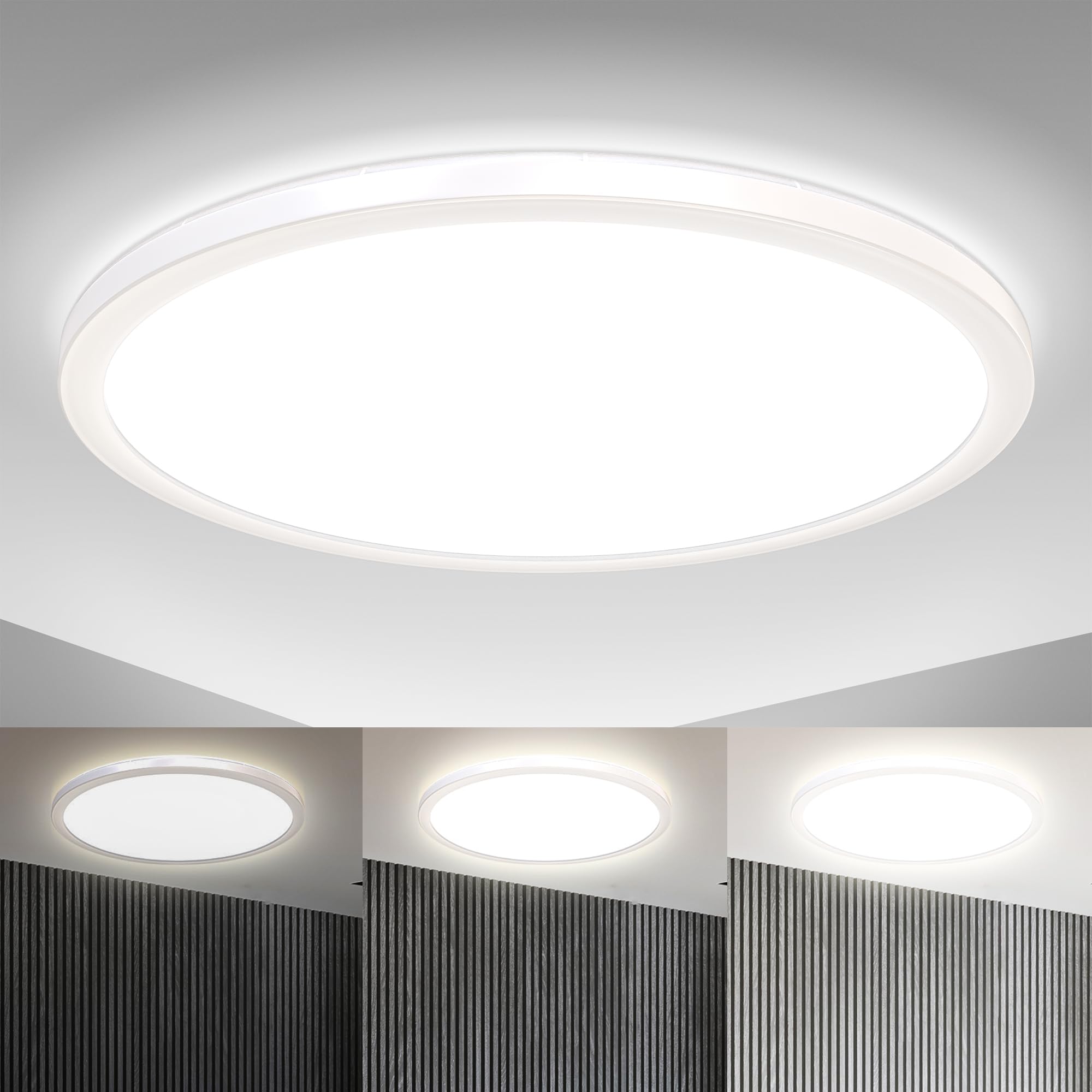 B.K.Licht LED Ceiling Light, 3 Levels Dimming, Built-in 22W LED Board, 4000K Neutral White, 3000Lm, Ø16.5in, Ultra-Flat, Memory Function, Indirect Ceiling Backlight, Modern Round Ceiling Panel, IP20