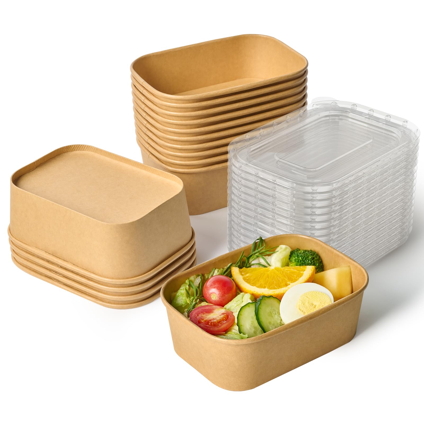 Photo 1 of JOLLY CHEF 25 oz 50 Pack Paper Meal Prep Containers with Lids, Rectangular Disposable Food Containers, Brown Paper Bowls with Lids for Salad, Soup, Snack