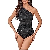 Milumia Women's Shiny Sequin One Shoulder Tank Top Bodysuit Sleeveless Party Night Out Tops
