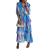 LAOMIT Women's Tie Dye Wrap V-Neck Chiffon Maxi Dress Ruffle Half Sleeve High Waist Flowy A-line Swing Tiered Dresses