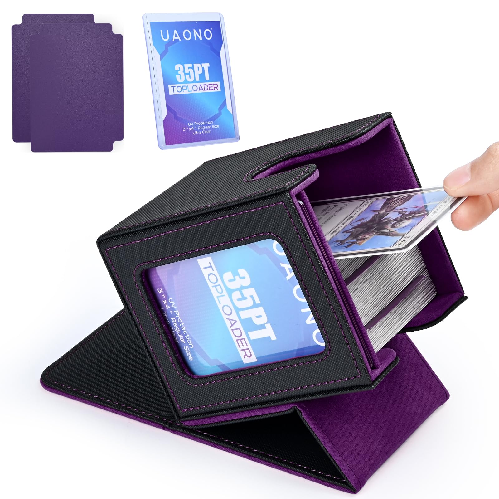 UAONO Card Deck Box with MTG Commander Display, Patented Design Card Deck Case Holds 100+ Double-Sleeved Cards, PU Leather Cards Storage Box For TCG with 2 Dividers, 1 Top Loader (Black&Purple) — image 1