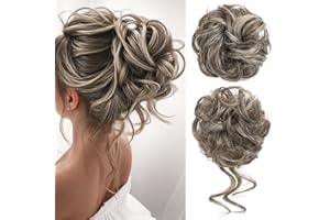 CJL HAIR 2PCS Messy Bun Hair Pieces Wavy Curly Synthetic Updo Chignon Fake Scrunchies Ponytail Extension for Women Ash Grey