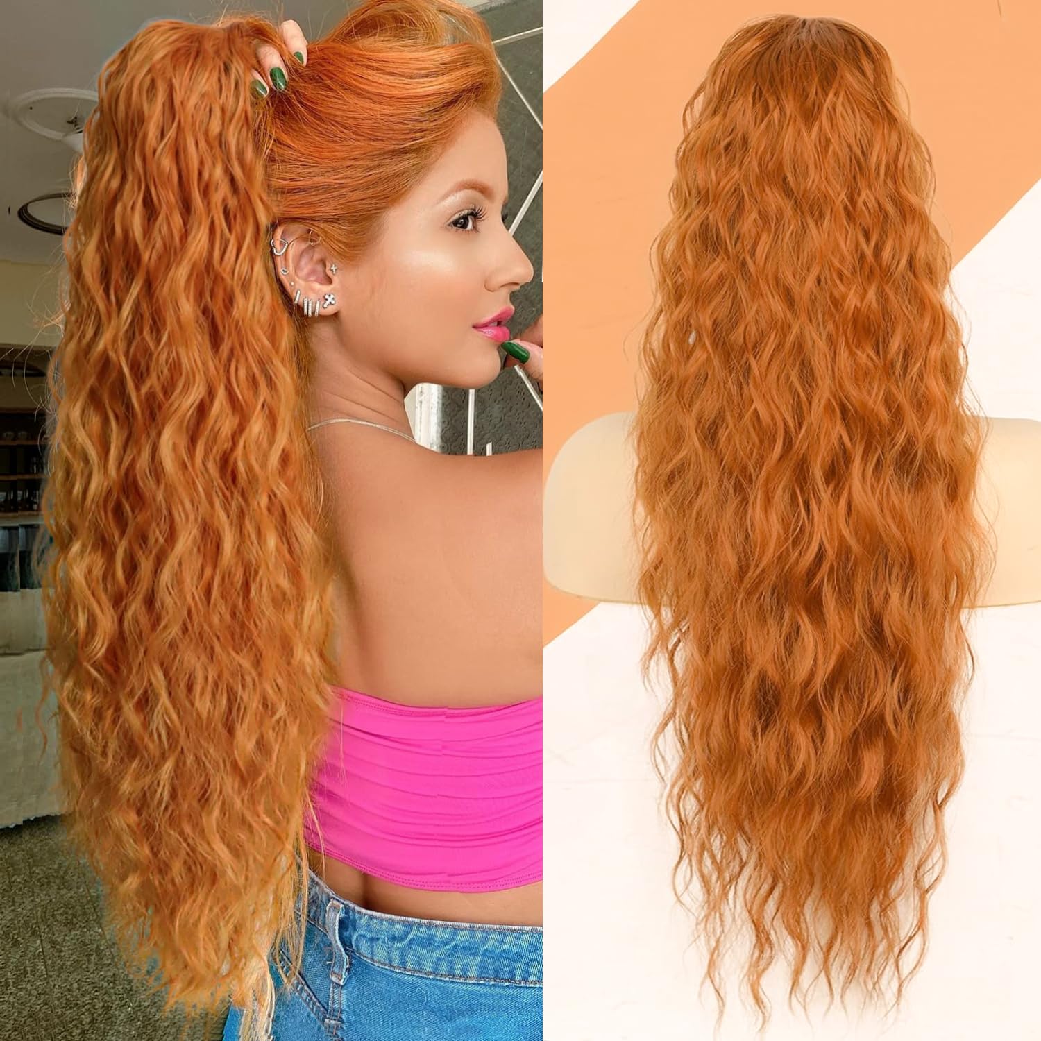 PORSMEER PORSMEER Ponytail Extension Orange Long Curly Drawstring Clip in Pony Hair Extension Synthetic Pony Tail Hairpiece for Women — image 1