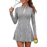 Fisoew Womens Tennis Golf Mini Dresses with Shorts Long Sleeve Collared Zipper Workout Athletic 2 Piece Sets Outfits