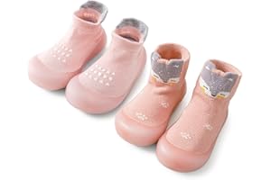 FABRST 2 Pairs Baby Sock Shoes Boys Girls Non Slip Soft Rubber Sole Sneakers Toddler Infant Slip On Slippers First Walking Shoes