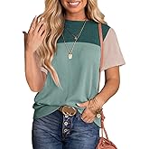 BLENCOT Women Tops Color Block Crewneck Casual Oversized Tshirts Knit Summer Tees Blouse S-2XL