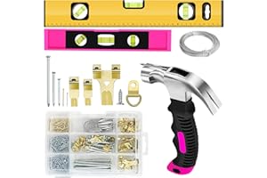 FOVERN1 Picture Hanging Kit,316 PCS Picture Hanging Tool-with Hooks, Wire, Nails, D-Ring, Level,Small Pink Claw Hammer and Large Magnetic Leve,Mirror Hanging Kit Picture Hangers