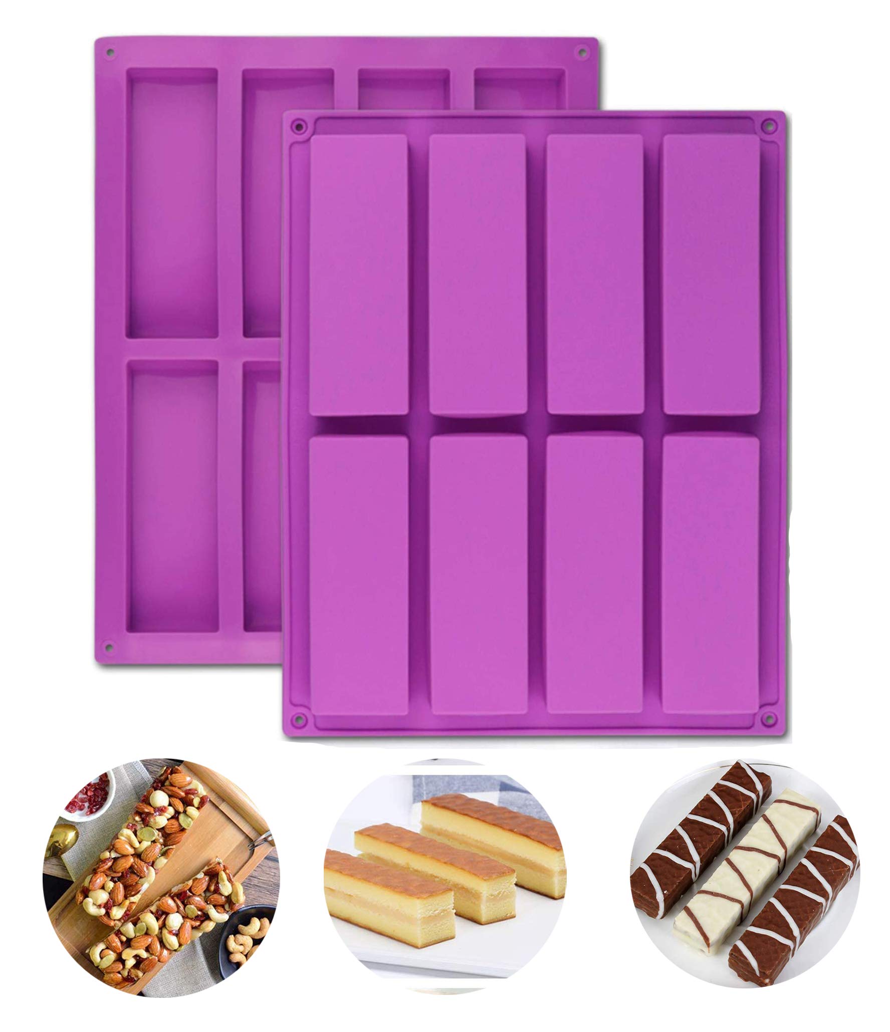Large Rectangle Granola Bar Silicone Moulds 2PCS 8 Cavity Nutrition Cereal Bar Moulds, Energy Bar Maker for Muffin Brownie Cornbread Cheesecake Pudding Cake and Soap