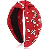 BAHABY Football Headbands for Women Crystal Football Embellished Wide Top Knot Headband for Women Game Day Hair Accessories (Red)