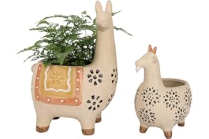 LA JOLIE MUSE Ceramic Animal Succulent Planter Pots - 6.1 + 4.5 inch Cute Alpaca/Llama & Goat Rough Pottery Unglazed Desktop Flower Plant Pots Indoor, Home Decor Gifts for Mom (Orange)