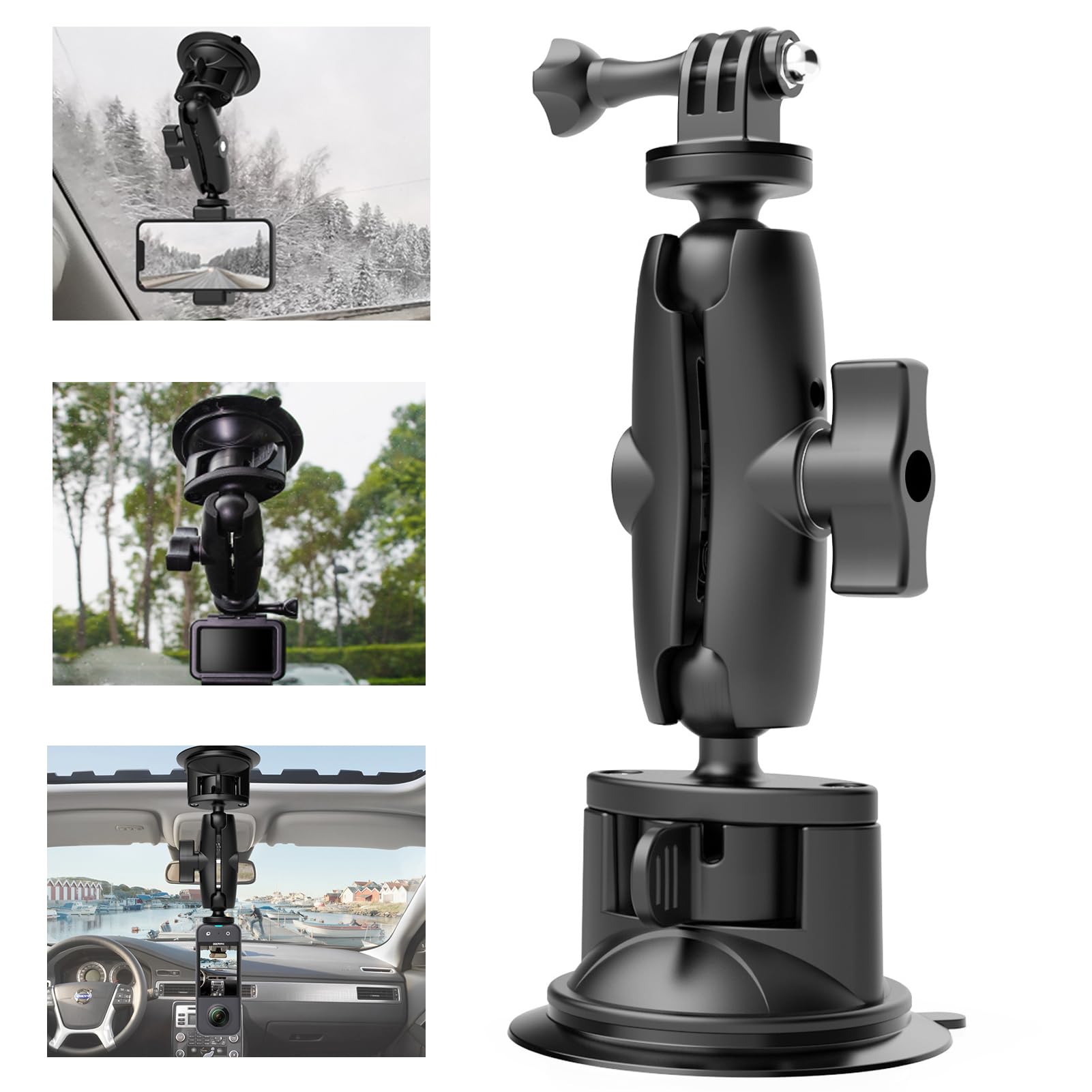 UNSTINCER 85mm/3.3" Car Suction Cup Mount for Phone and Action Camera, 360° Rotation Cam Holder with Magic Arm, on Vehicle Dashboard Windscreen Window for GoPro 13 12 Insta360 X5 X4 Akaso DJI Osmo