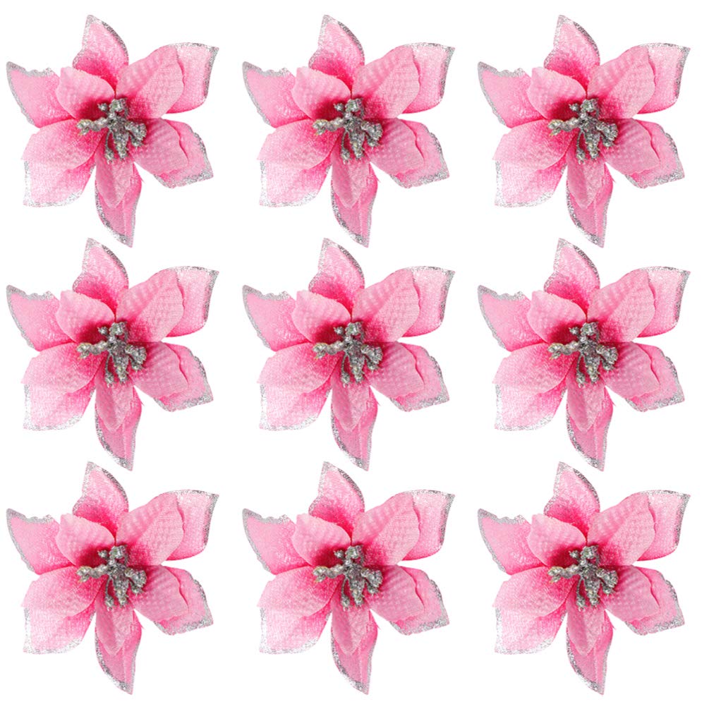 Tomaibaby 36 Pieces Christmas Poinsettia Flowers Artificial Glitter Christmas Tree Ornaments for Xmas Wedding Decorations (Pink)