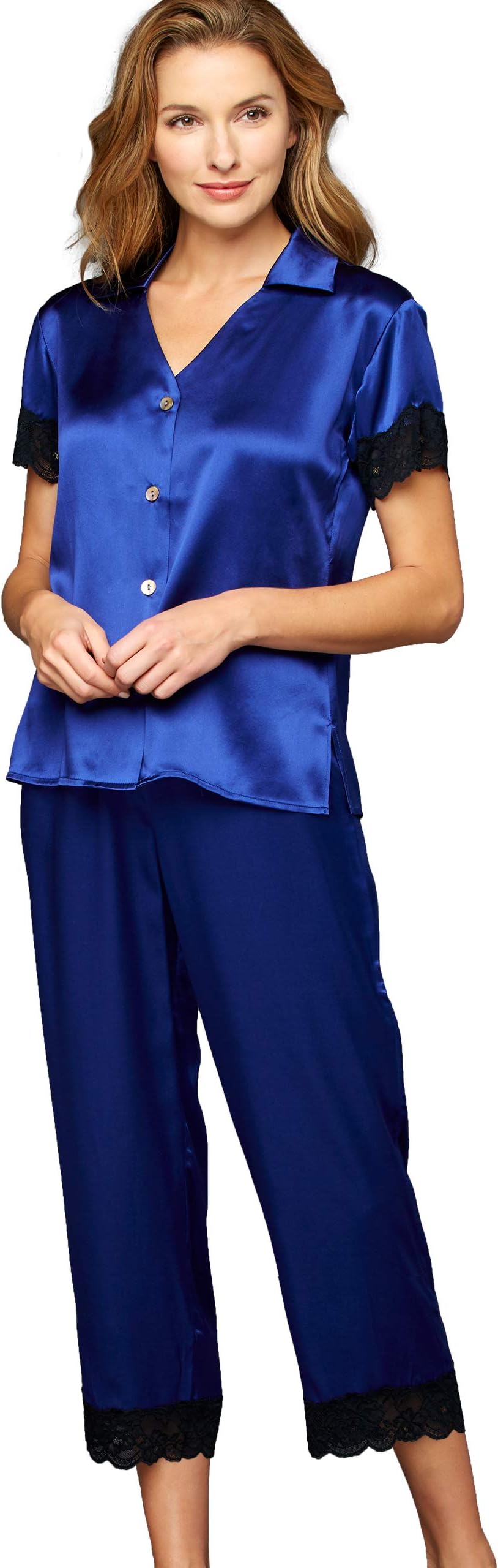Women's 100% Silk Pajamas, Lace Trim, Cropped, Tresor Delice