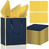 Epoesch Premium Metallic Paper Gift Bags with Handles and Tissue Paper, 8"x5"x10" Inch Dark Blue Gold Edge Christmas Thanksgiving Welcome Gift Thank You Bags (Navy Blue, Gold, 1 Count (Pack of 24))