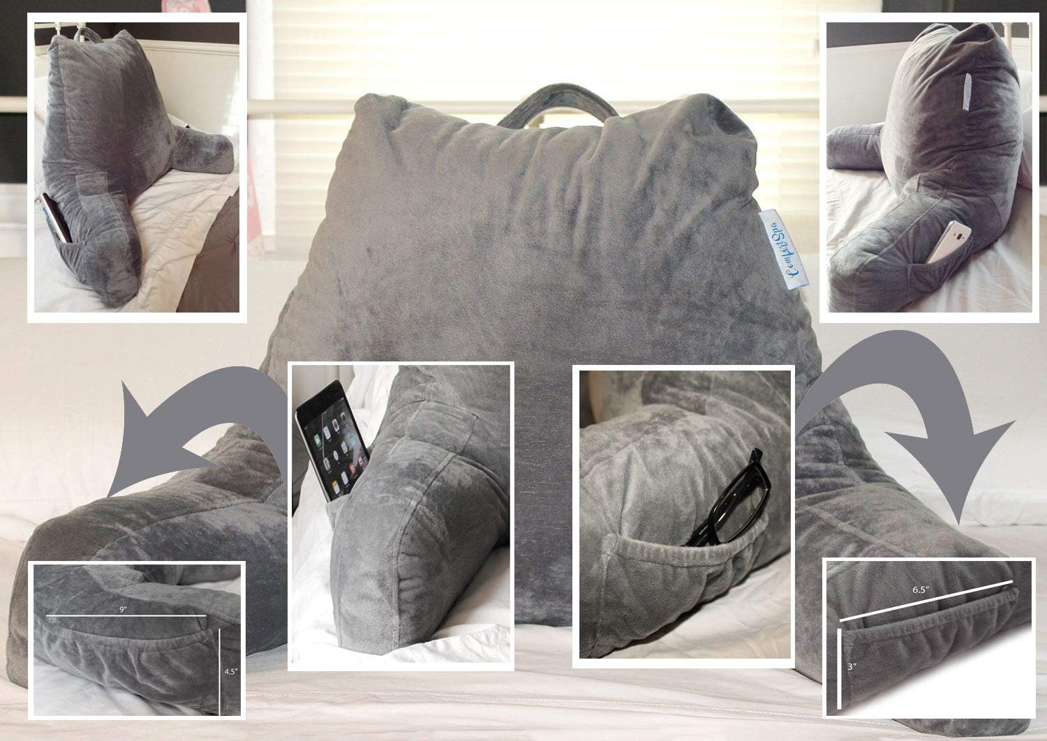 ComfortSpa Reading Pillow Bed Wedge Large Adult Backrest Lounge Cushion with Arms and Pockets | Back Support for Sitting Up in Bed/Couch for GERD Heartburn Bedrest: Home & Kitchen